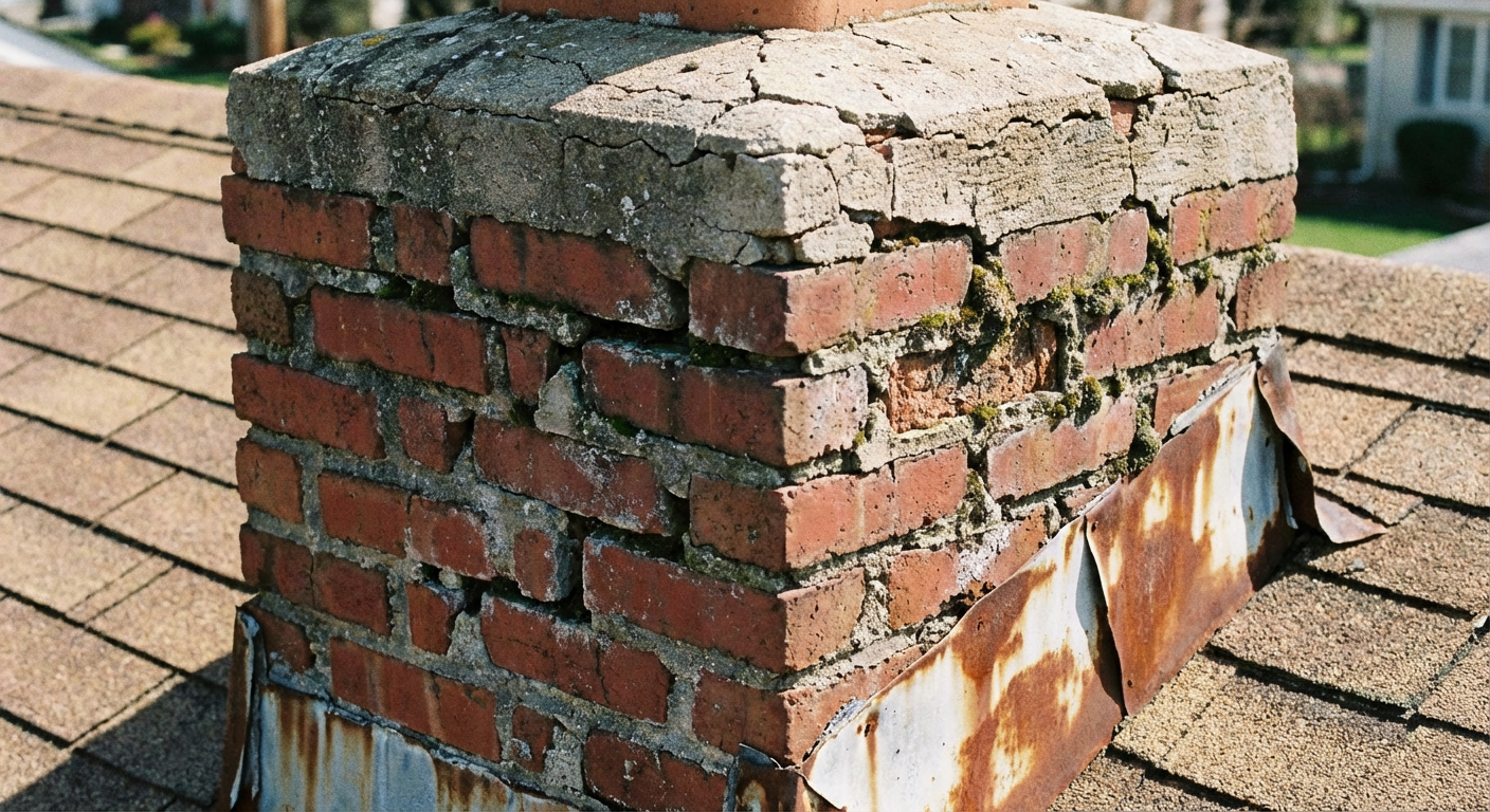 Brick chimney with deteriorated mortar joints, cracked chimney cap, and failed step flashing before repair on NJ home