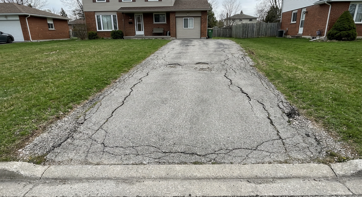 Cracked old asphalt driveway with potholes, crumbling edges, and oil stains before replacement on NJ property