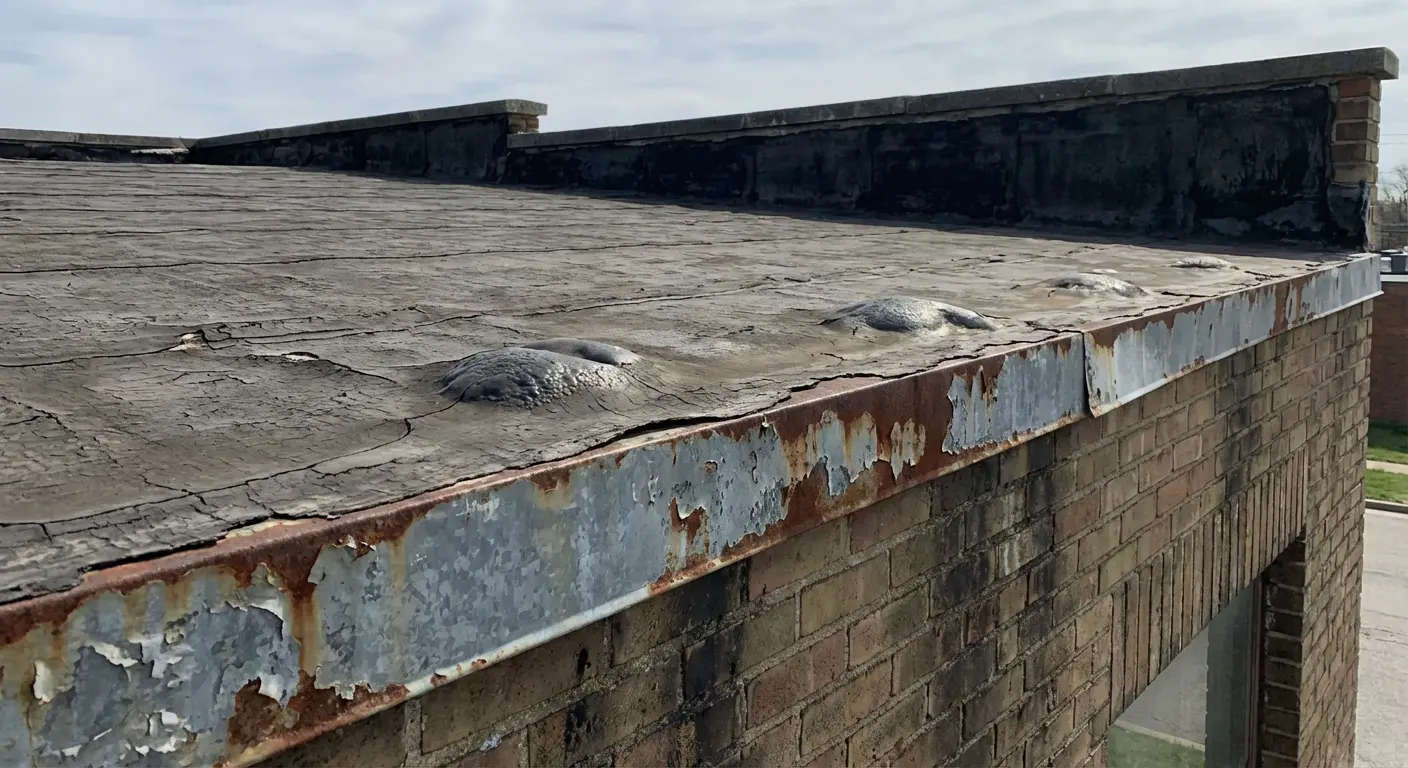 Old flat roof edge with cracked surface and rusted metal flashing before EPDM replacement on NJ building