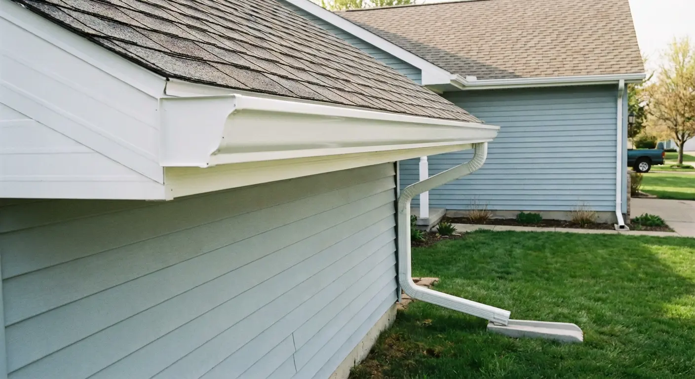 New seamless white aluminum gutters installed along full roofline with clean downspout on NJ home