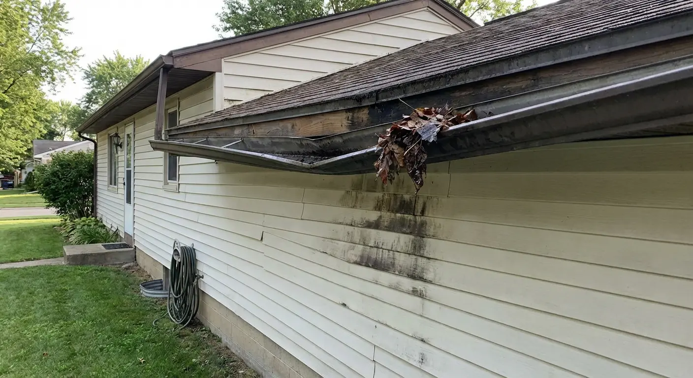 Old sagging gutters with black overflow staining on fascia and siding before replacement on NJ home