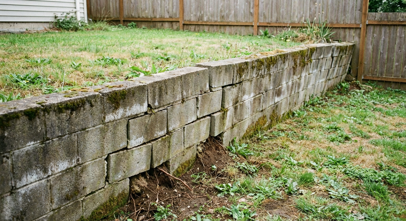Failing concrete block retaining wall with bowing face and eroded mortar joints before replacement in NJ backyard