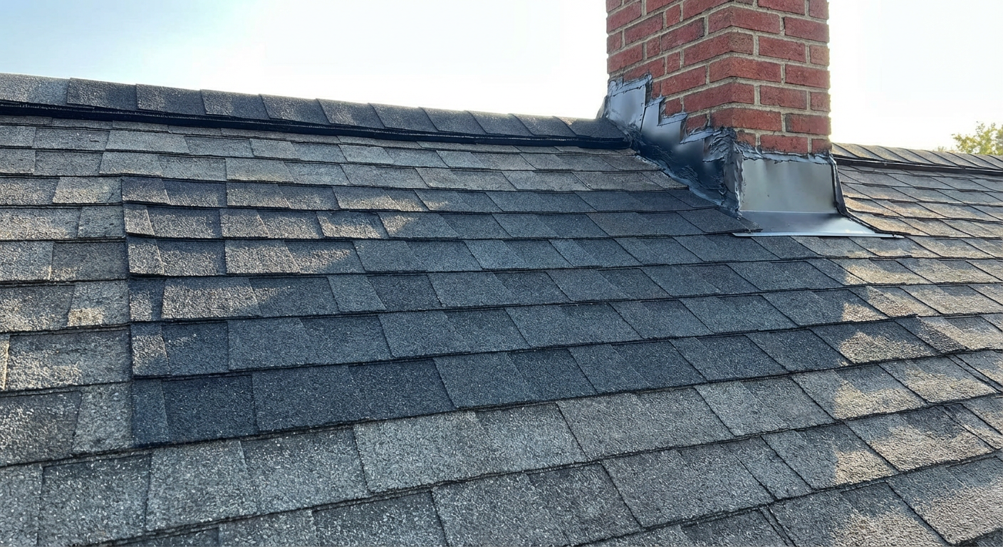 Repaired roof section with matching charcoal architectural shingles and new flashing on NJ home