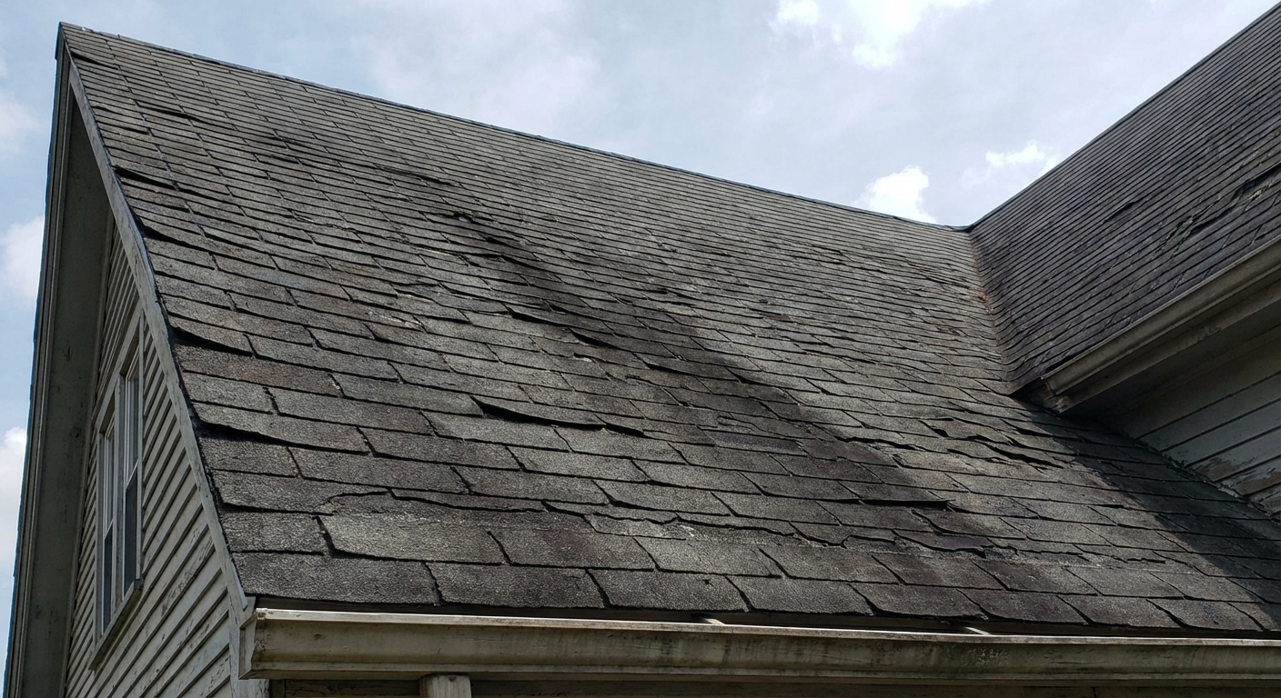 Worn roof with missing granules, cracked shingles, and algae staining before repair on NJ home