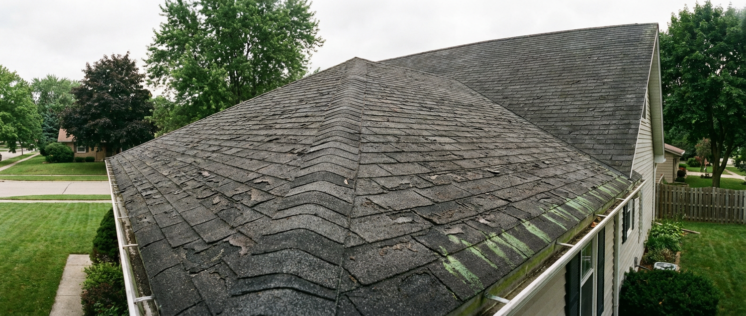 Old curling asphalt shingles with moss growth and missing tabs before full roof replacement on NJ home