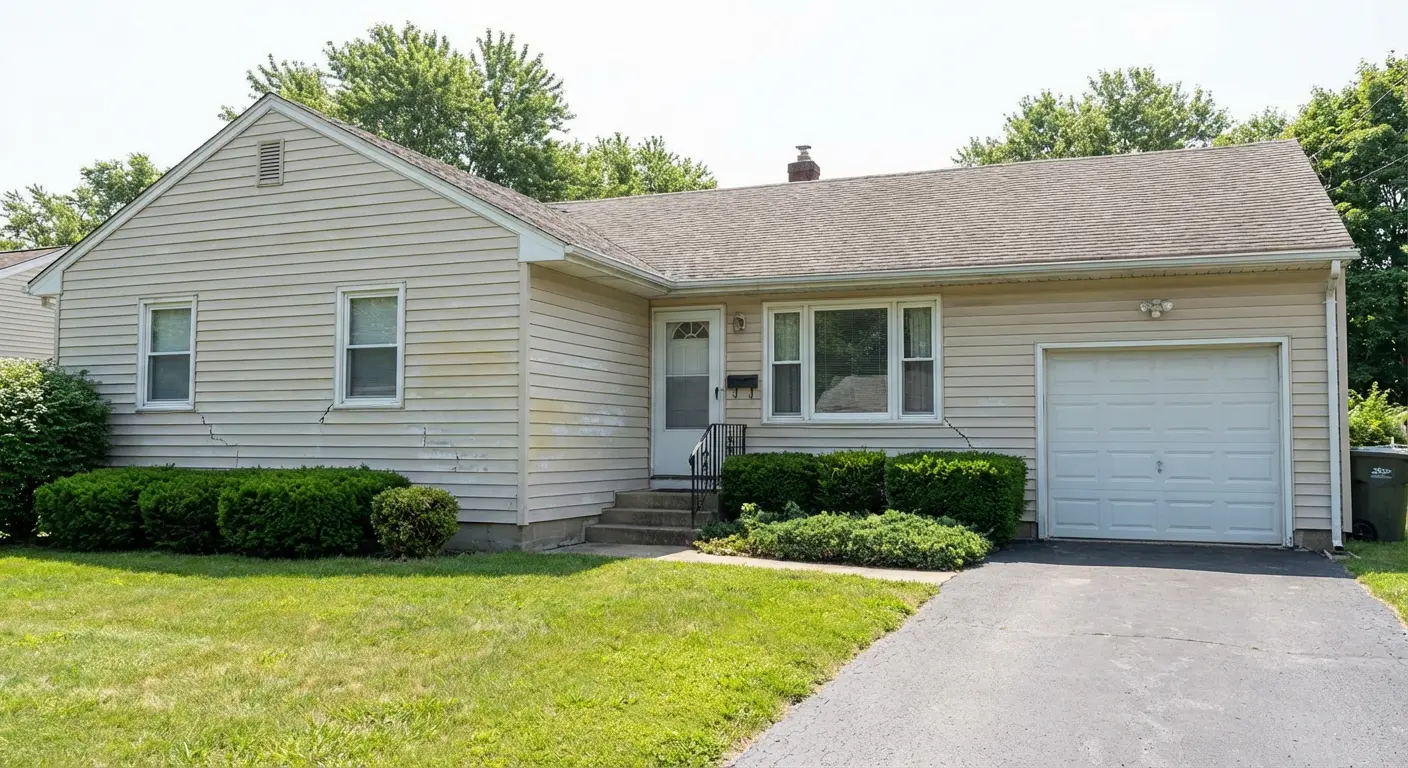 Faded oxidized beige vinyl siding with cracked panels and rust staining before replacement on NJ home