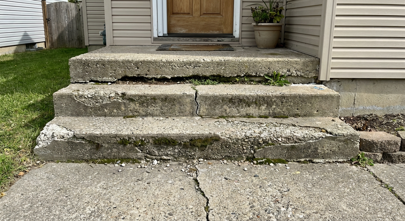 Crumbling concrete front steps with spalled treads and cracked risers before replacement on NJ home