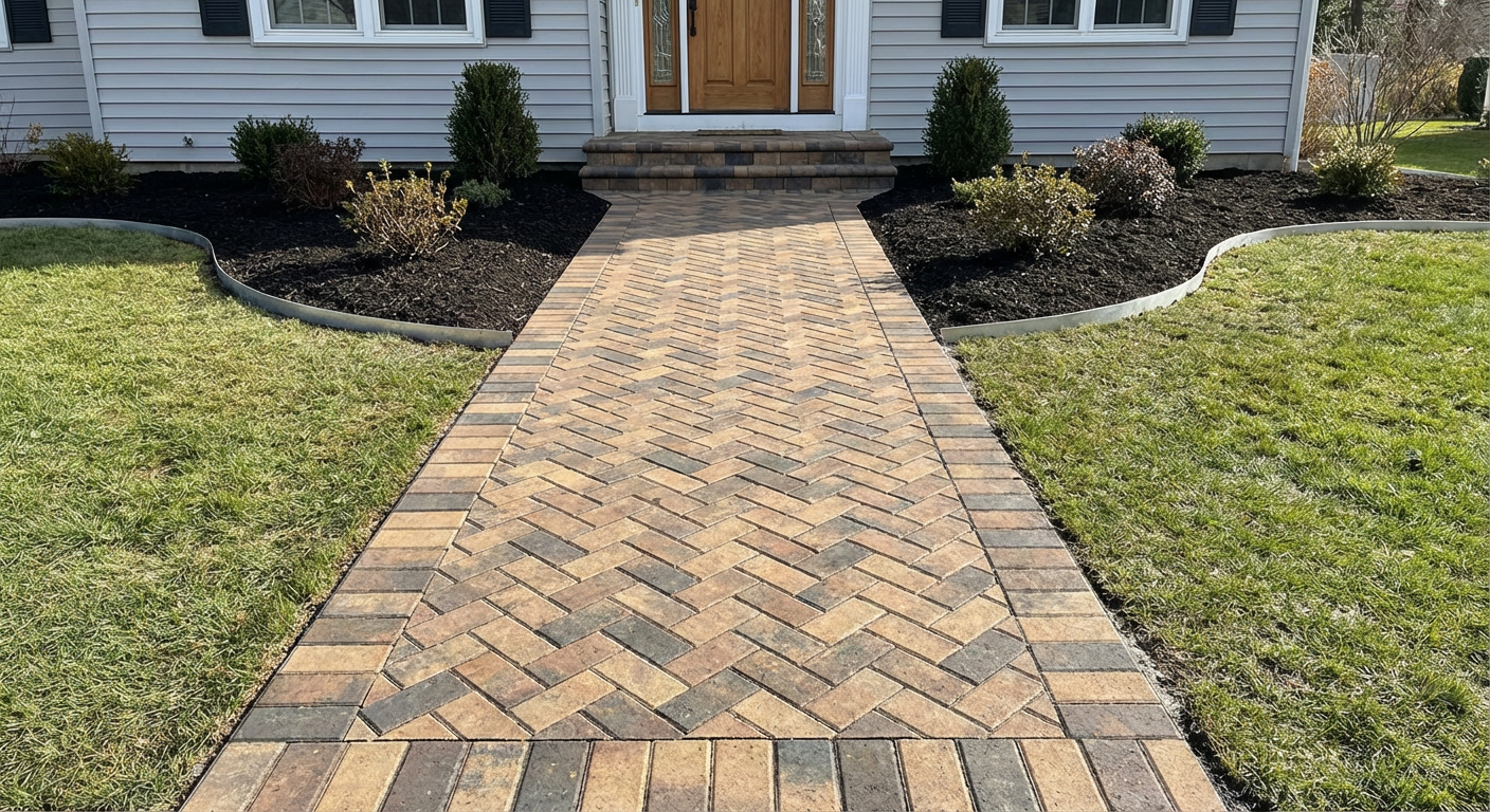 New interlocking paver walkway with soldier course border and clean edging on NJ home front yard