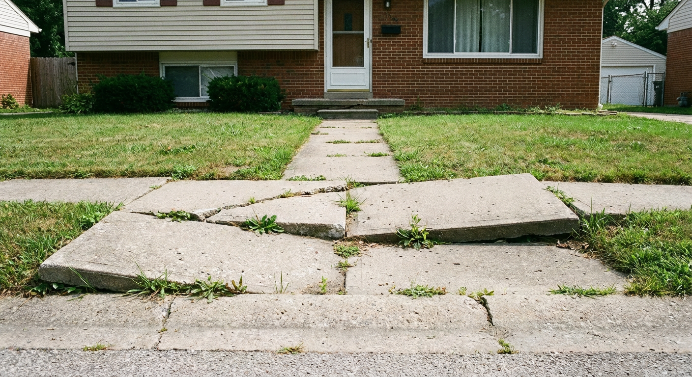 Cracked heaved concrete walkway with weed growth and uneven slabs before replacement on NJ home